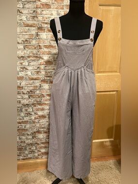Casual Women’s Cotton/Linen Overalls Pleated Wide Leg Adjustable Straps Gray Med